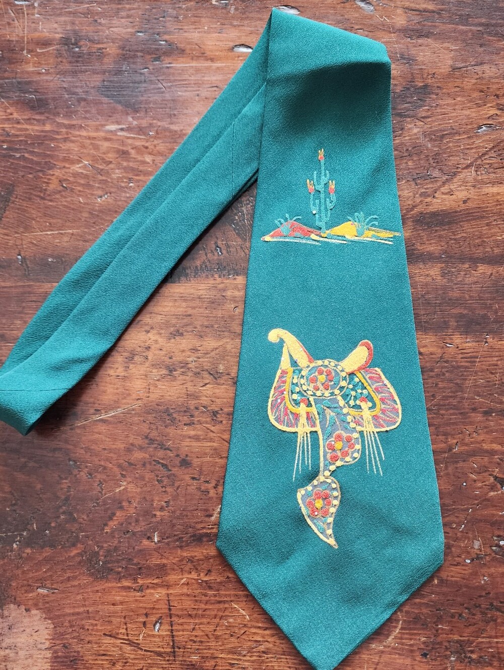 Vintage Hand Painted Swing Tie Necktie Green Saddle 3D Cowboy Halloween Party